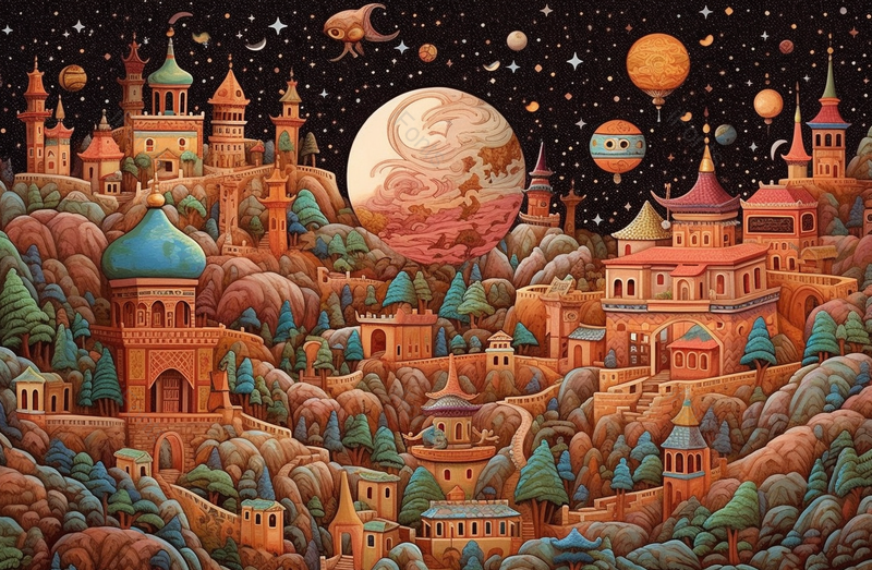 森林寺庙国风繁华流云星空满月月亮橙色异域风情插画,插画/手绘图,插画/手绘图库,插画/手绘图下载,插画/手绘